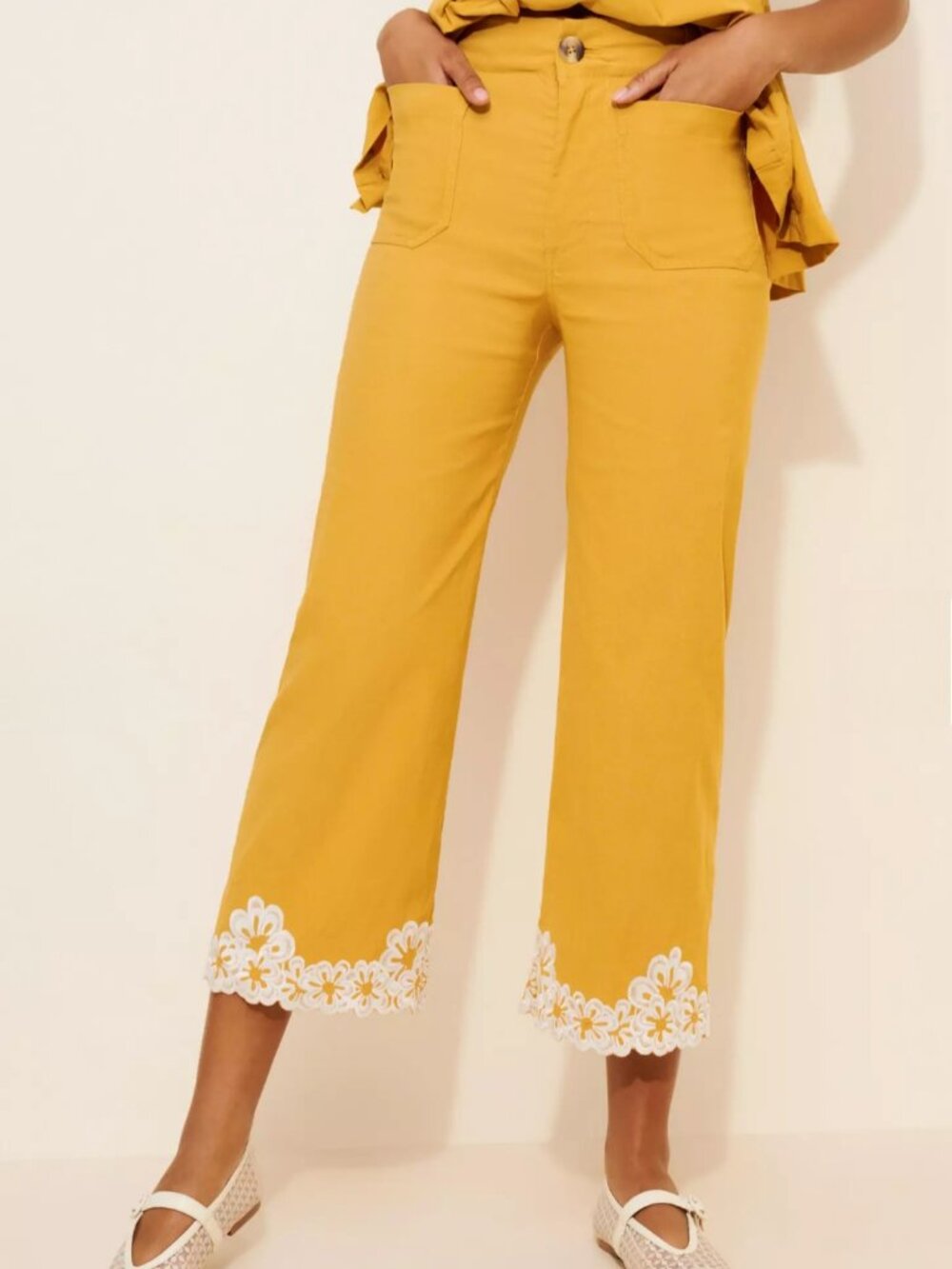 Maeve The Colette Embroidered cropped Pants high waist yellow 26 anthropologie